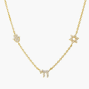 Collar con Colgante Chai Judío de Israel con Dije de Mano de Hamsa y Estrella de David en Plata de Ley 925 Bañada en Oro para Mujer - Product Image 1