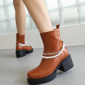 Bright Patent Leather Women Flat Short Boots Pearls Metal Chain Girl's Shoes Low Square <b>Heels</b> Big Size 45 Ankle - Product Image 2