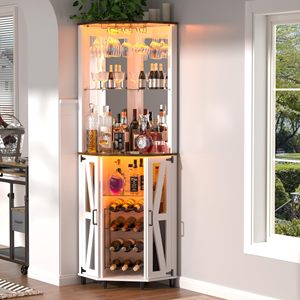 SENYU Meuble Bar d'Angle Haut et Moderne avec Éclairage LED, Miroir, Étagère Réglable, Support à Verres et Cadre en Acier - Product Image 2