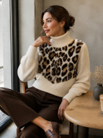 Pull court en tricot à col roulé pour femme, motif léopard, manches ballon, pour tenues décontractées d'automne et d'hiver