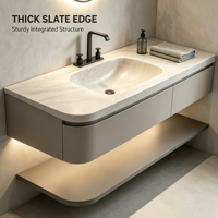 Meuble-lavabo mural flottant moderne avec vasque intégrée en pierre frittée – Mobilier de salle de bain de luxe