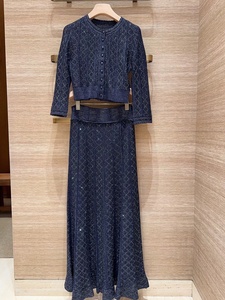 Ensemble élégant pour femmes OUDINA, robe bleue en tricot à paillettes, rayures, col rond, cardigan, jupe longue, nouvelle collection Ramadan française - Product Image 3