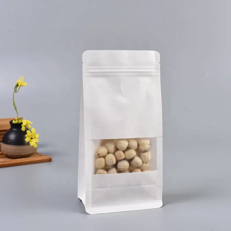 Recyclable Eight-Sided Square Bottom Kraft Paper Food Packaging Bag Spot White with Frosted Window for Tea Mushroom Storage