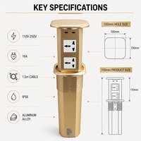 Goldene 100mm Universal-Doppelseitige Smarte Pop-up-Steckdose für Küchenarbeitsplatten mit 2 USB- und 2 USB-C-Anschlüssen sowie kabellosem Ladegerät