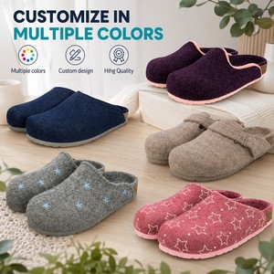Zuecos de fieltro de mezcla de lana para mujer con borde en contraste, sin cordones, punta cerrada, suela de EVA, pantuflas para uso diario en casa en otoño e invierno - Product Image 3