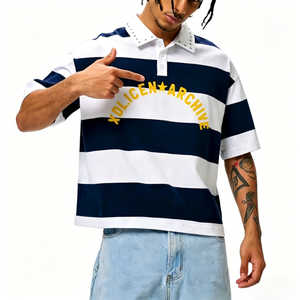 เสื้อยืดลายทางคอตตอนของผู้ชายเสื้อโปโลมีกระดุมคอปกแบบสั่งทำ - Product Image 1