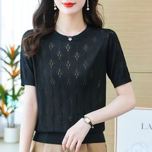 Suéter de punto holgado y fino de talla grande, estilo casual extranjero, para verano, con diseño calado que cubre la figura, top versátil, 100% poliéster, anti-bolitas. - Product Image 4