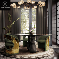 Ensemble de table à manger ronde de luxe moderne avec plateau en marbre, chaises rembourrées en velours avec dossier plaqué or pour villa et manoir