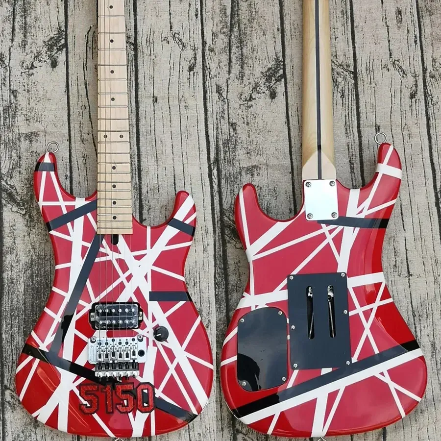 Eddie Van Halen 5150 Replicaa Điện Bass Guitar Headstock Lớn Trắng Đen Sọc Đỏ Floyd Rose Tremolo Tro Cơ Thể Phong Cổ