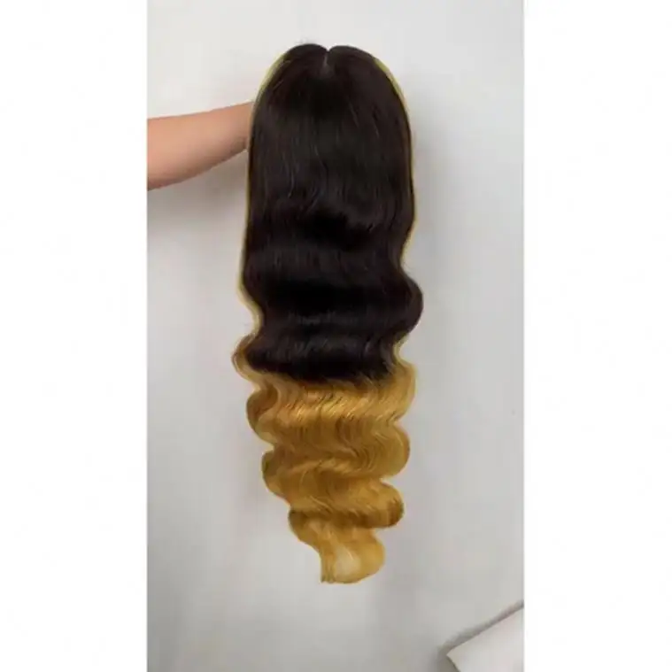 Wholesale vendor vigin hair ombre color golen brown raw indian straight 13x4 body wave lace frontal wigs human hair