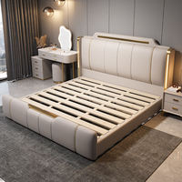 Cama Doble de Lujo Moderna de Alta Gama con Estructura de Madera, Tapizada en Tela Suave, con Luz LED, Sofá Multifuncional para Bodas