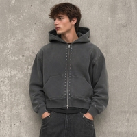 Sweat à capuche vintage délavé à la pierre pour homme, en molleton de coton épais, coupe régulière, style oversize, veste d'hiver streetwear urbaine, fermeture éclair intégrale