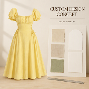 Abito Elegante <span class=keywords><strong>da</strong></span> <span class=keywords><strong>Donna</strong></span> Giallo con Scollo Quadrato, Maniche a Sbuffo, Corpetto Aderente e Gonna Midi Svasata con Laccio Laterale per l'Estate e le Serate Romantiche - Product Image 4