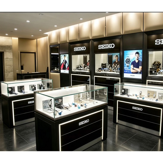 Custom Luxury Watch Display Cases LED Lighted Glass & Wood Showcase for Retail Watch Store