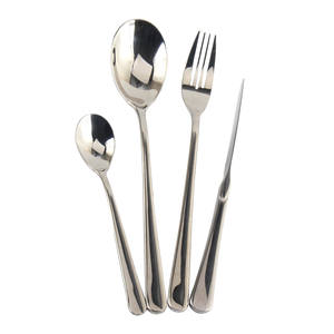 elegant flatware features flaring <b>handles</b> and subtle <b>bands</b> that highlight the narrow necks and wide tips Flatware Set - Product Image 1