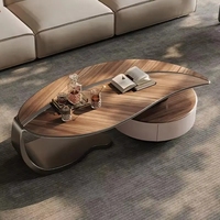 Table basse moderne en bois avec tiroir doré pour salon, table basse en bois antique en forme de feuille, plateau en noyer