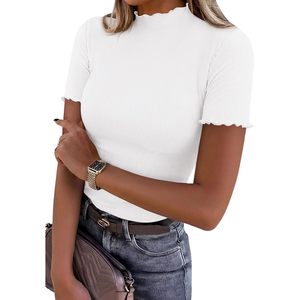 Camiseta de manga corta acanalada para mujer, top básico ajustado con cuello simulado y volantes, ropa informal para primavera y verano - Product Image 1