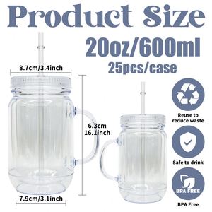 Vaso de plástico tipo Mason de doble pared de 20 oz con tapa y pajita para globos de nieve y envolturas UV DTF - Product Image 2