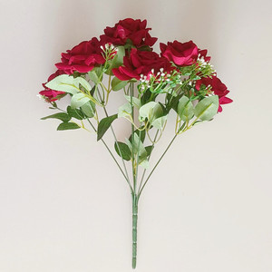 Fleurs artificielles imprimées, roses artificielles à 7 têtes en velours rouge, décoration pour la maison et les mariages, ornement transfrontalier - Product Image 5