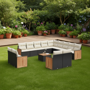 Ensemble de canapés de jardin noir et crème en rotin, mobilier d'extérieur avec coussins en mousse haute densité, design contemporain imperméable - Product Image 2