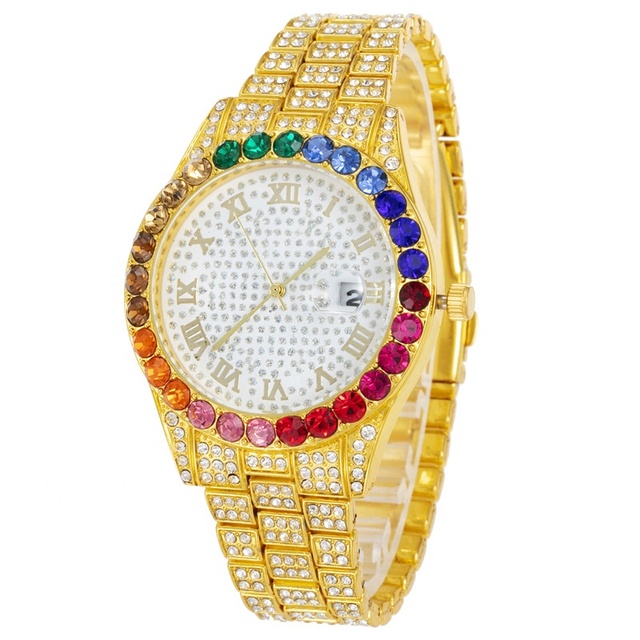 Star Dust Colorful Rainbow Baguette Diamond Studded Watches Men Wrist Gold Bling Hip Hop Fully Iced Out Watch