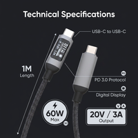 Schitec 60W PD-Kabel mit Echtzeit-Leistungsanzeige, Aluminiumlegierung, sicheres Laden, USB-C-auf-C-Kabel mit Nylonummantelung für Laptop und Smartphone
