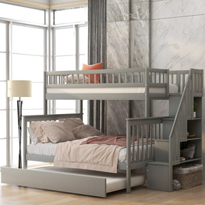 Grey <b>Wooden</b> <b>Bunk</b> <b>Bed</b> With Stairs And Pull Out Trundle For Kids Bedroom Storage Design - Product Image 1