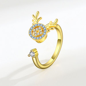 Micro Pave Zircon Rotating Deer Open <b>Rings</b> Copper Gold Plated Christmas Style Anxiety <b>Stress</b> Relief Jewelry For Women - Product Image 6
