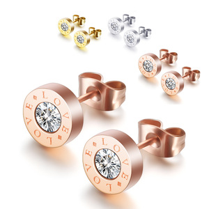 Rose Gold Plated Love Engraved <b>Stud</b> <b>Earrings</b> 8mm Round Bezel Set <b>Crystal</b> Women's Fashion Jewelry Gift - Product Image 1