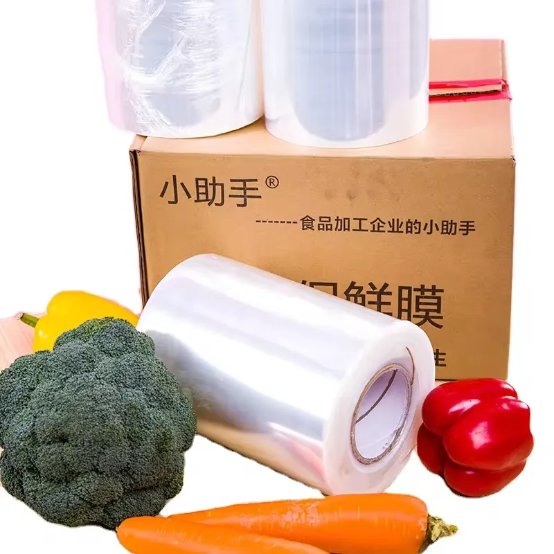 Film plastik rol tahan air buah bening plastik produksi Freezer pembungkus aman untuk rantai Supermarket harga pabrik