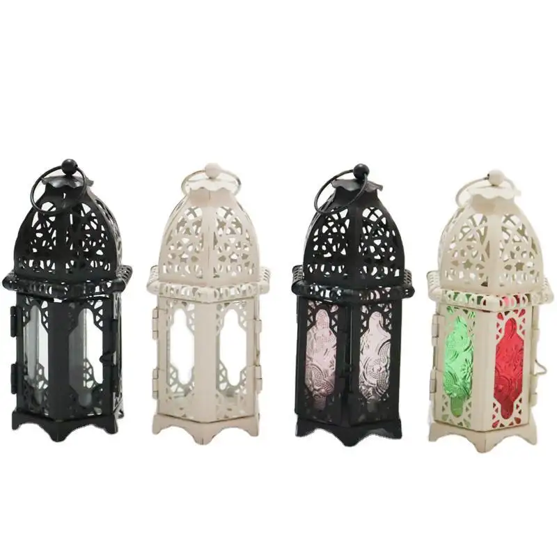 Arabische Vintage Ramadan Kaarshouder Marokkaanse Metalen Mini Lantaarns Kleurrijke Glazen Decoratieve Kaarslataarns Theelichtje Windlantaarn