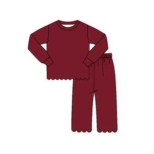 Custom Casual Flower Bows Colorful Solid Cotton Kids Long Sleeves Shirt Wide Leg Long Pants Scallop Edge Outfits <b>Sister</b> Clothes - Product Image 2