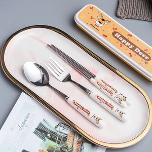 Hot Selling Children's Cartoon Flatware Stainless Steel Fork Spoon Chopsticks Ceramic Portable Cutlery 3 Pcs Set With <b>Box</b> - Product Image 3
