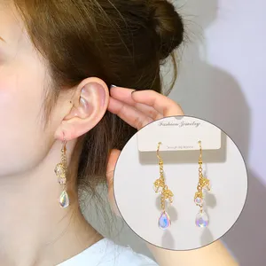 Cute chain drop earrings iridescent earrings triple tear drops women jewelry Elegant korean crystal bling drop earrings