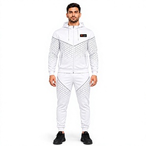 Conjunto deportivo sublimado para hombre, con sudadera con capucha blanca con cremallera y estampado geométrico, conjunto de 2 piezas para correr y hacer ejercicio. - Product Image 1