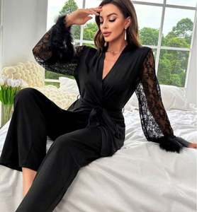 Sfy-y1490 Luxury <b>Wedding</b> <b>Dressing</b> <b>Gown</b> 2pcs Women Casual Lace Sleeve Feather Robe Pants Set Erotic Bridal Elastic Waist Front - Product Image 3
