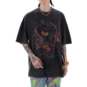 Camiseta Retro para Hombre con Estampado Gráfico de Grafiti, Lavado Ácido Vintage, Estilo Oversize, 100% Algodón, Color Negro - Product Image 1