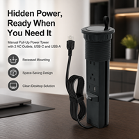Tour de prises escamotable manuelle avec double prises CA, USB-A et USB-C pour bureau