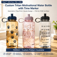 Botella de Agua Motivacional Tritan con Marcador de Tiempo, 700ml/1000ml, Libre de BPA, Diseño Geométrico con Estampado de Huella de Pata y Frases, para Deportes y Gimnasio