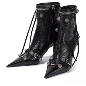 Botas De Mujer Western Style Rivet Studded Side Leather Ankle High Women <b>Heel</b> Boots for Ladies - Product Image 1