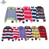 Pull tricoté chic à col polo rayé pour femme, nouvelle collection automne 2026, manches longues, style vintage
