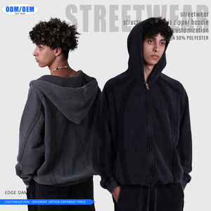 Sudadera con capucha de forro polar vintage con cremallera, estilo oversize, diseño streetwear con efecto desgastado y lavado a la nieve, forro de invierno, con patchwork digital - Product Image 2