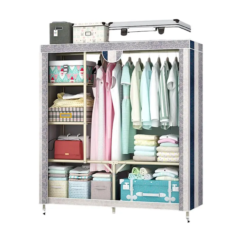 Pink Marko Double Canvas Wardrobe Steel Frame 1 Clothes Rail 4 Shelves