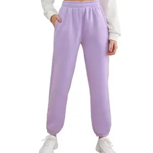 All'ingrosso Casual da donna in cotone vestibilità normale in cotone viola misto tinta unita con coulisse pantaloni della tuta da donna