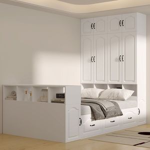 Letto Moderno Tatami Integrato con Armadio Colore Crema, Mobile Salvaspazio in Legno <span class=keywords><strong>per</strong></span> Adulti e <span class=keywords><strong>Bambini</strong></span>, Arredamento <span class=keywords><strong>per</strong></span> Piccoli Appartamenti e Casa - Product Image 1