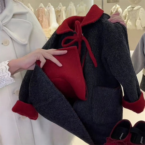 Child Star Circle Girls Wool Coat Mid Length Thick Winter With Peter Pan Collar Red Trim - Product Image 4