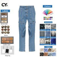 Pantalon en jean déstructuré pour homme, style cargo, avec poches utilitaires, braguette boutonnée apparente, fermeture éclair fendue, coupe évasée, en denim bleu clair, OEM ODM
