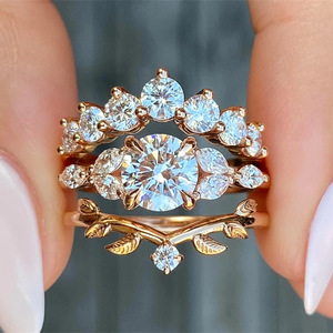 Q213 Bridal <b>Jewelry</b> <b>Set</b> <b>Rose</b> <b>Gold</b> Zircon Engagement Ring Women's Plant Design Claw Setting Round Brilliant Cut Fine <b>Jewelry</b> - Product Image 1