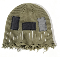 Bonnet tricoté vintage déchiré à franges avec patch en jean, style Y2K, casquette unisexe pour l'hiver