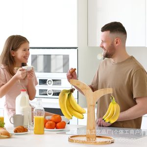 Solid Wood Banana Rack Round Desktop Fruit Storage Hook Wooden Hanging Rack For <b>Kitchen</b> Countertop - Product Image 2